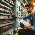 Industrial electrician working on electrical panel in a manufacturing plant.