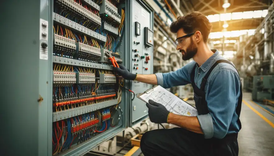 Industrial electrician working on electrical panel in a manufacturing plant.