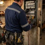 Electrician inspecting an older breaker panel in a Port Coquitlam home