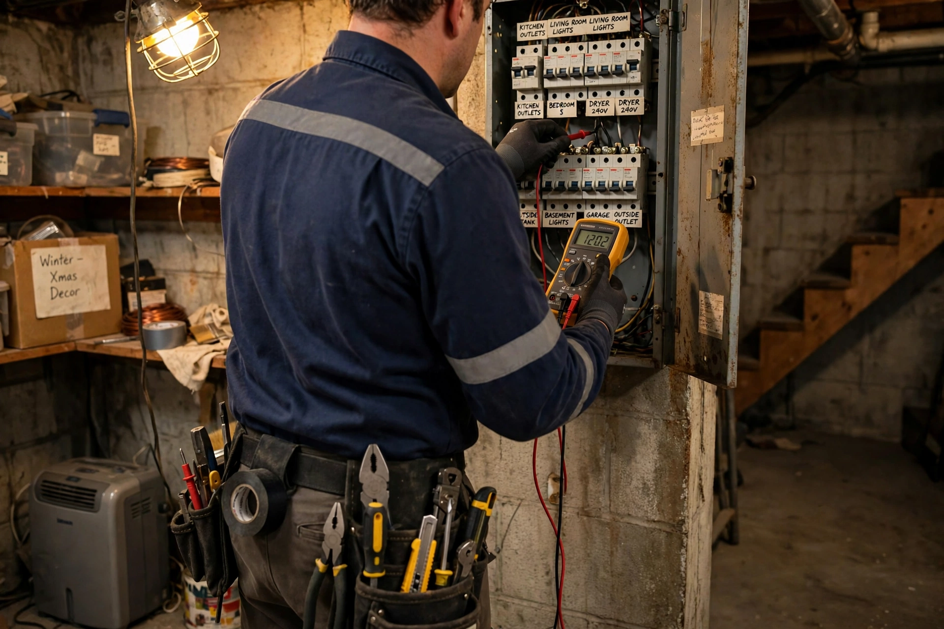 Breaker Keeps Tripping, Burning Smell, or Half the House Dark? A Tri-Cities Emergency Guide 1 Electrician inspecting an older breaker panel in a Port Coquitlam home