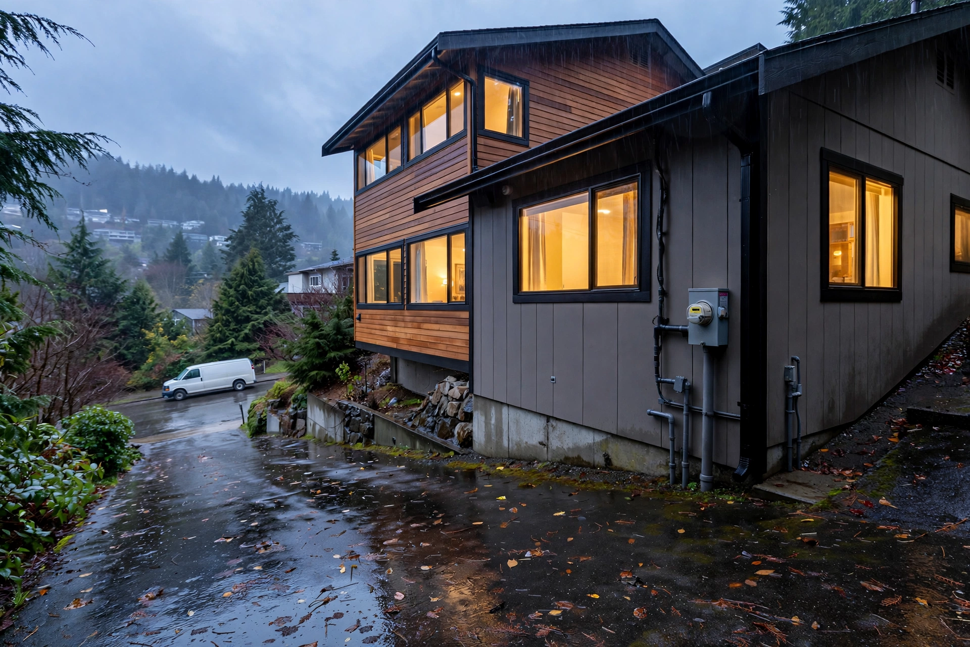Breaker Keeps Tripping, Burning Smell, or Half the House Dark? A Tri-Cities Emergency Guide 2 Outdoor electrical panel on a Port Moody hillside home in wet weather