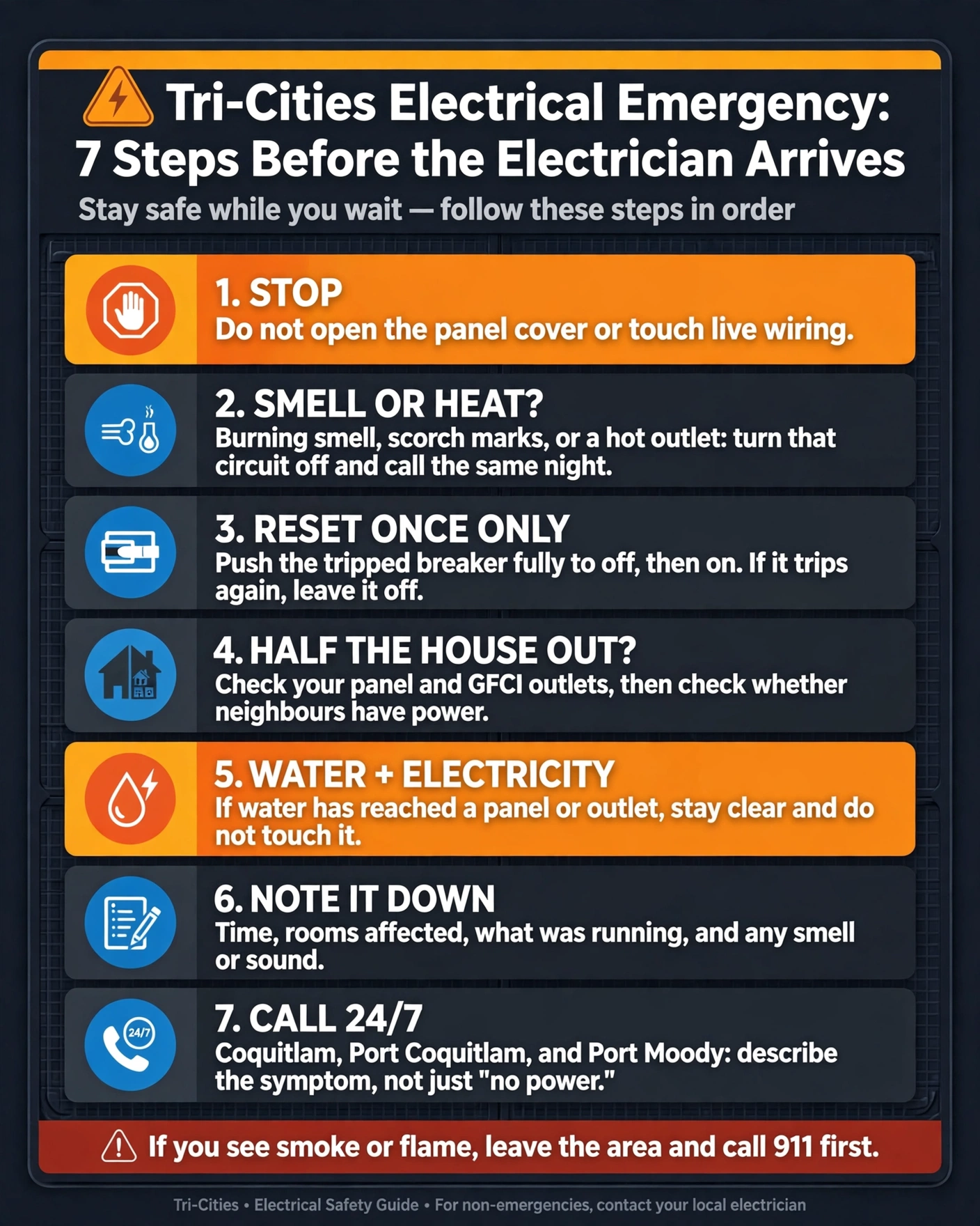 Breaker Keeps Tripping, Burning Smell, or Half the House Dark? A Tri-Cities Emergency Guide 4 Tri-Cities electrical emergency 7 steps before the electrician arrives