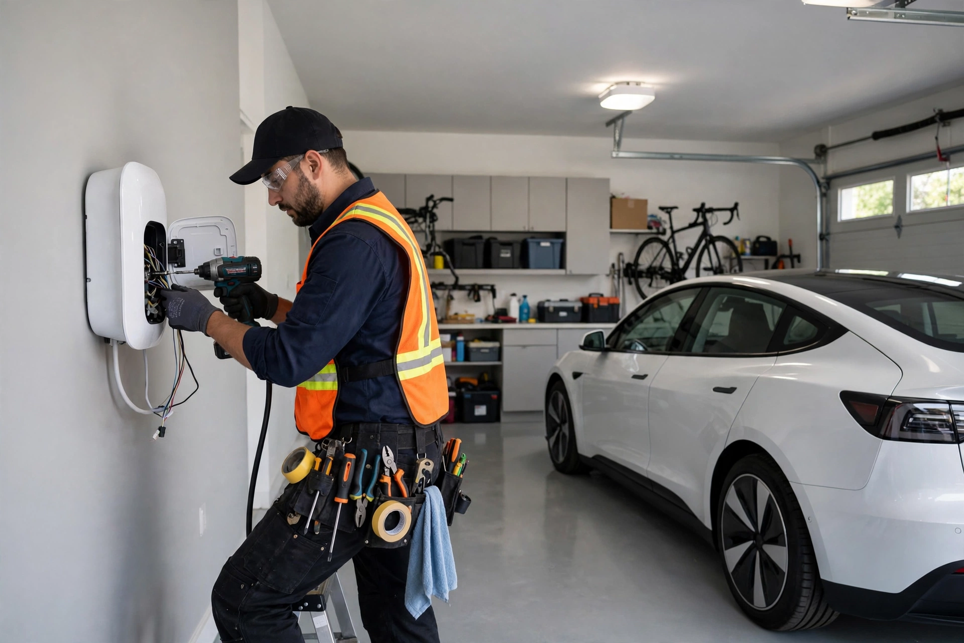 Intel Power Named Port Coquitlam's #1 Electrician by ThreeBestRated 2 Electrician installing a wall-mounted EV charger in a residential garage.