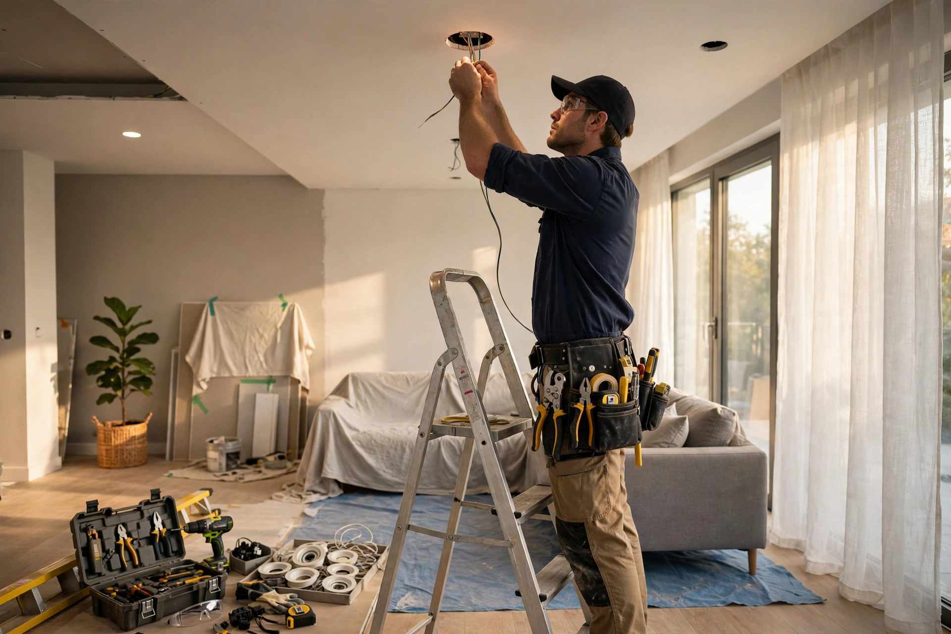 Intel Power Named Port Coquitlam's #1 Electrician by ThreeBestRated 3 Electrician installing recessed lighting in a modern living room renovation.